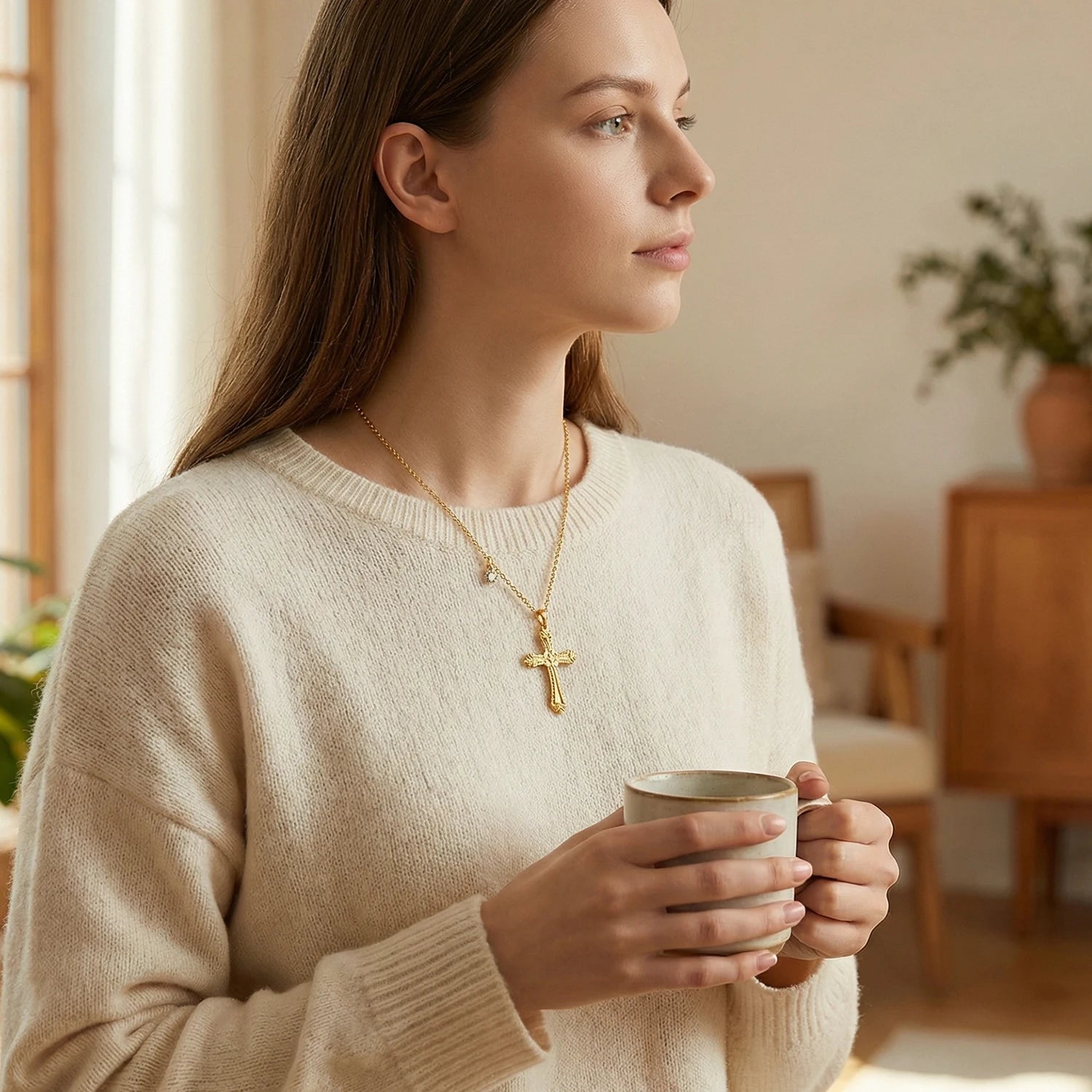 Cross Pendant Necklace For Women'S, 18K Gold Plated Stainless Steel, Hypoallergenic Waterproof Fine Jewelry
