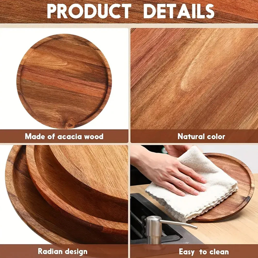 12.5/15/20/25/30cm Round Serving Platter Tray Acacia Wood Pizza Salad Plate Fruit Dessert Tray Bread Cake Container Snacks Dish