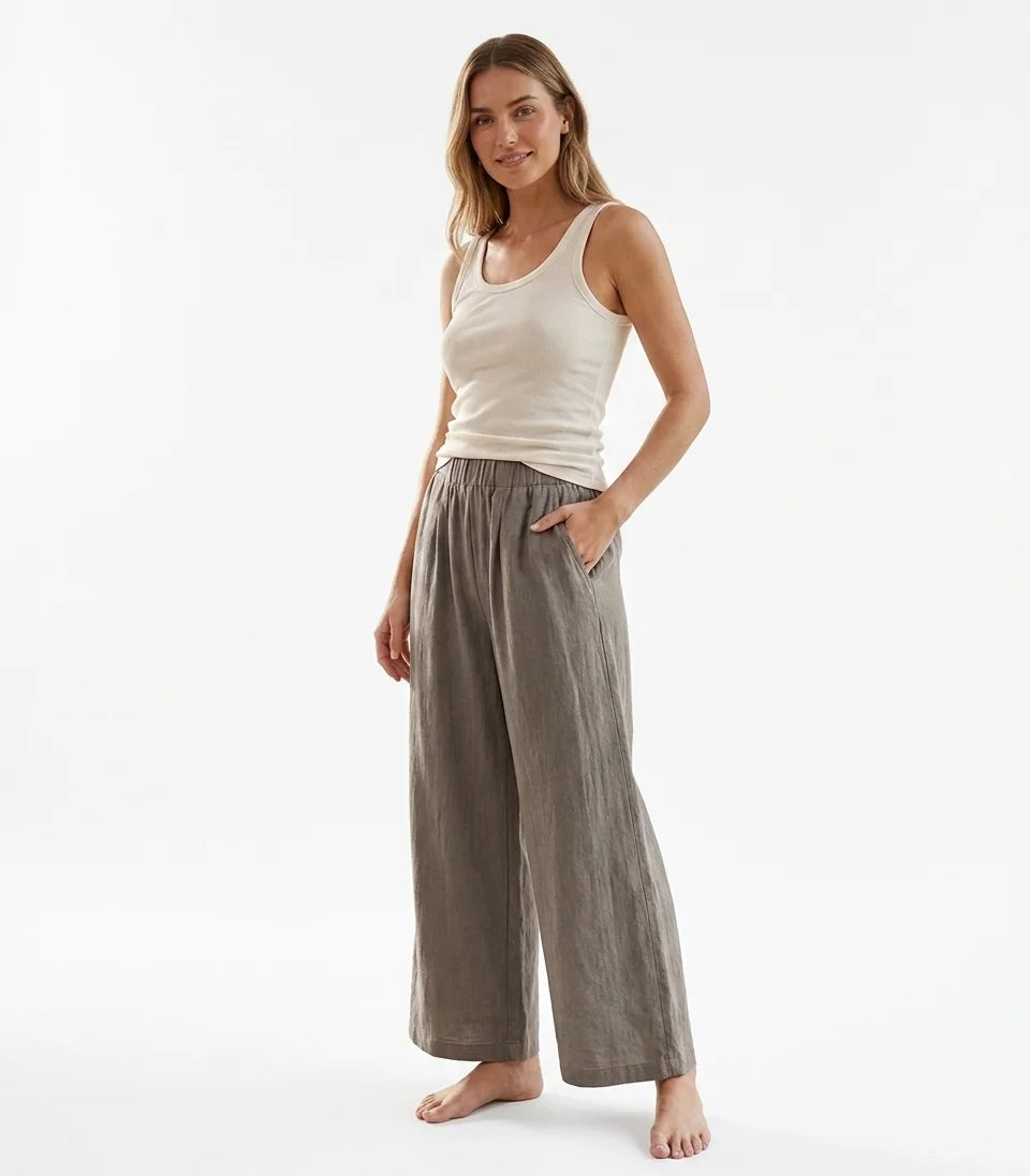 Women Casual Cotton Linen Wide Leg Pants High Elastic Waist Pleated Loose Trousers Pockets Solid Color Summer Boho Baggy Pants