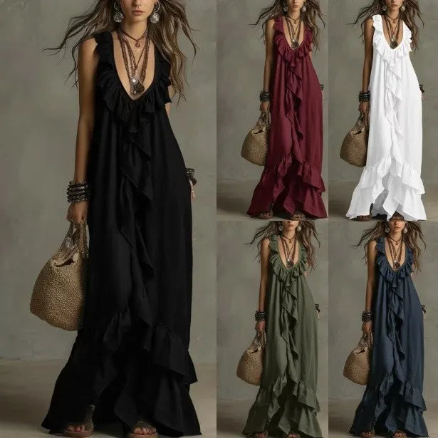 Summer Woman Dress Sleeveless Ruffle Neck Dresses Women's Pleated Maxi Dress V Neck Asymmetrical Hem Boho Dress Layered Ruffles