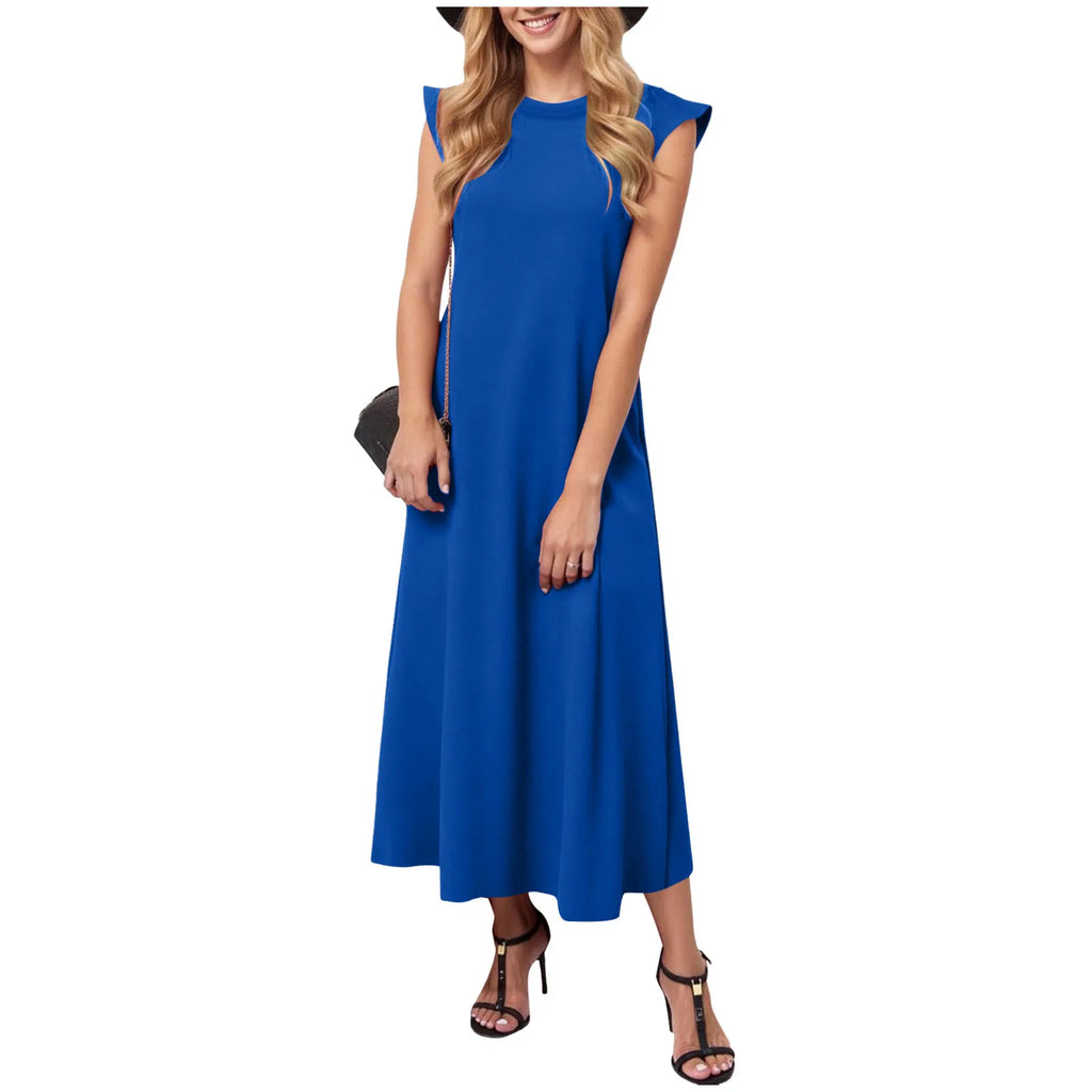 Women's Solid Color Summer Dress Flying Short Sleeve Loose Fit A Line Long Dress Casual Oversized O Neck Beach Vestidos Mujer