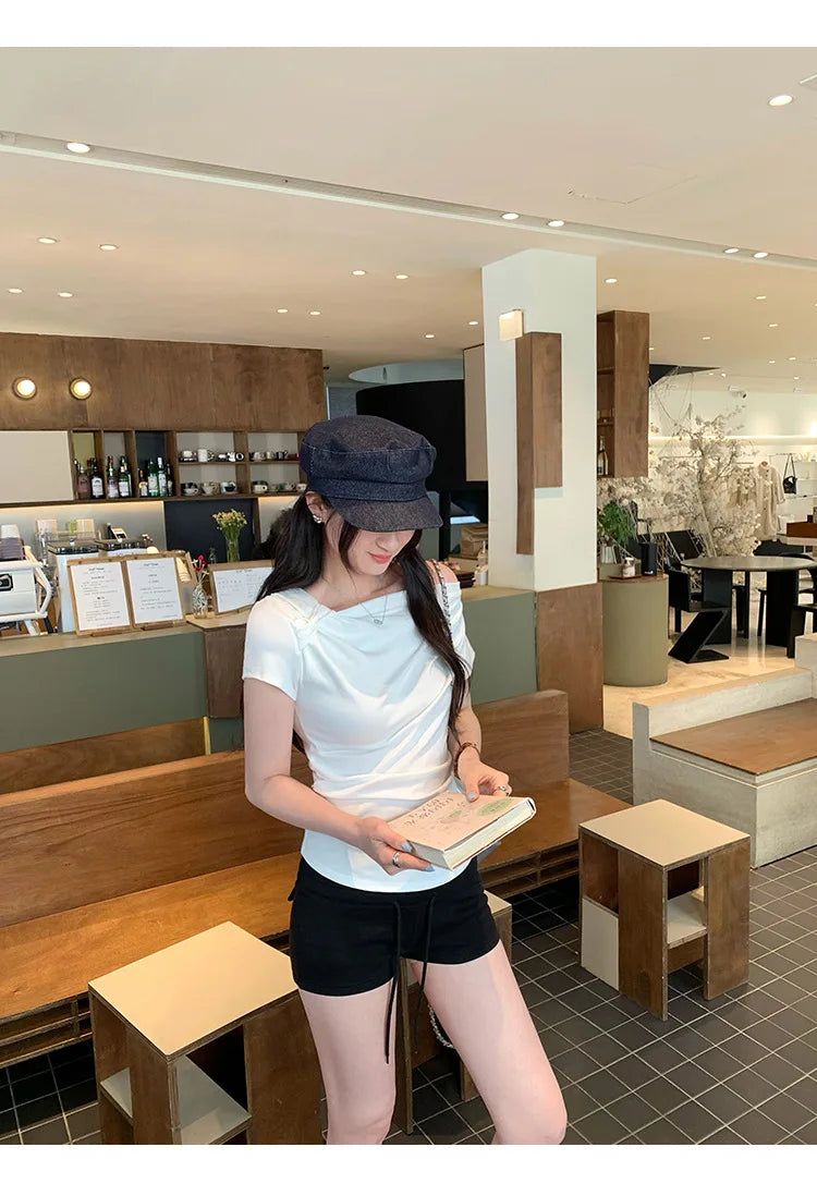Slim Fit Short Sleeve T-Shirt Women Summer New Style Shoulder Bared Neckline Gathered Waist Elastic Band Casual Style Top