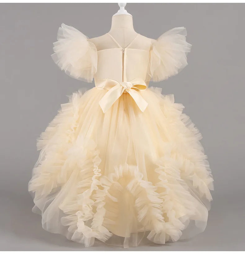 HETISO Girls Elegant Trailing White Dress Flower Appliques Kids Weddings Birthday Party Gown