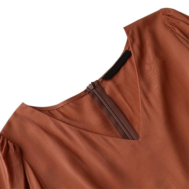 Woman's Solid Color V Neck Dress Elegant A Line Maxi Dress with Pleated Long Sleeves Femme Robe Solid Color Big Swing for Dating