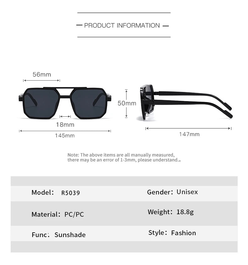Car Sun Glasses 3pcs Retro Large Frame Square Sunglasses Classic Double Beam Metal Frame Glasses Fashion Men'S Gradient Eyewear