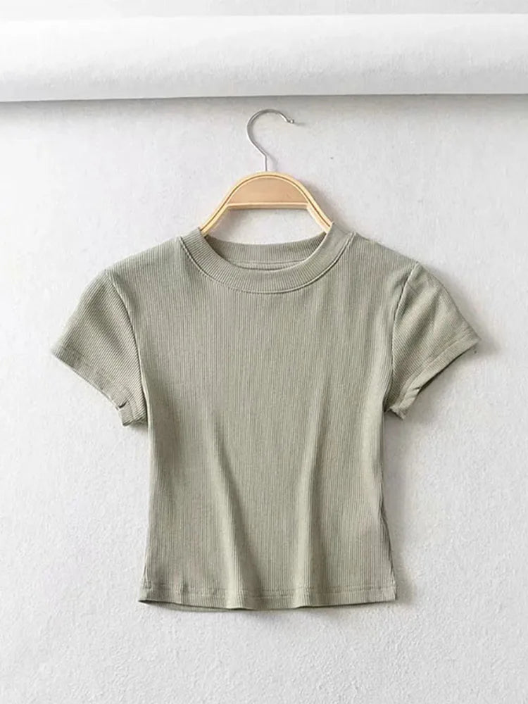 Summer Sexy Women'S O-Neck Short-Sleeve T-Shirt Slim Elastic Skinny Crop Tops