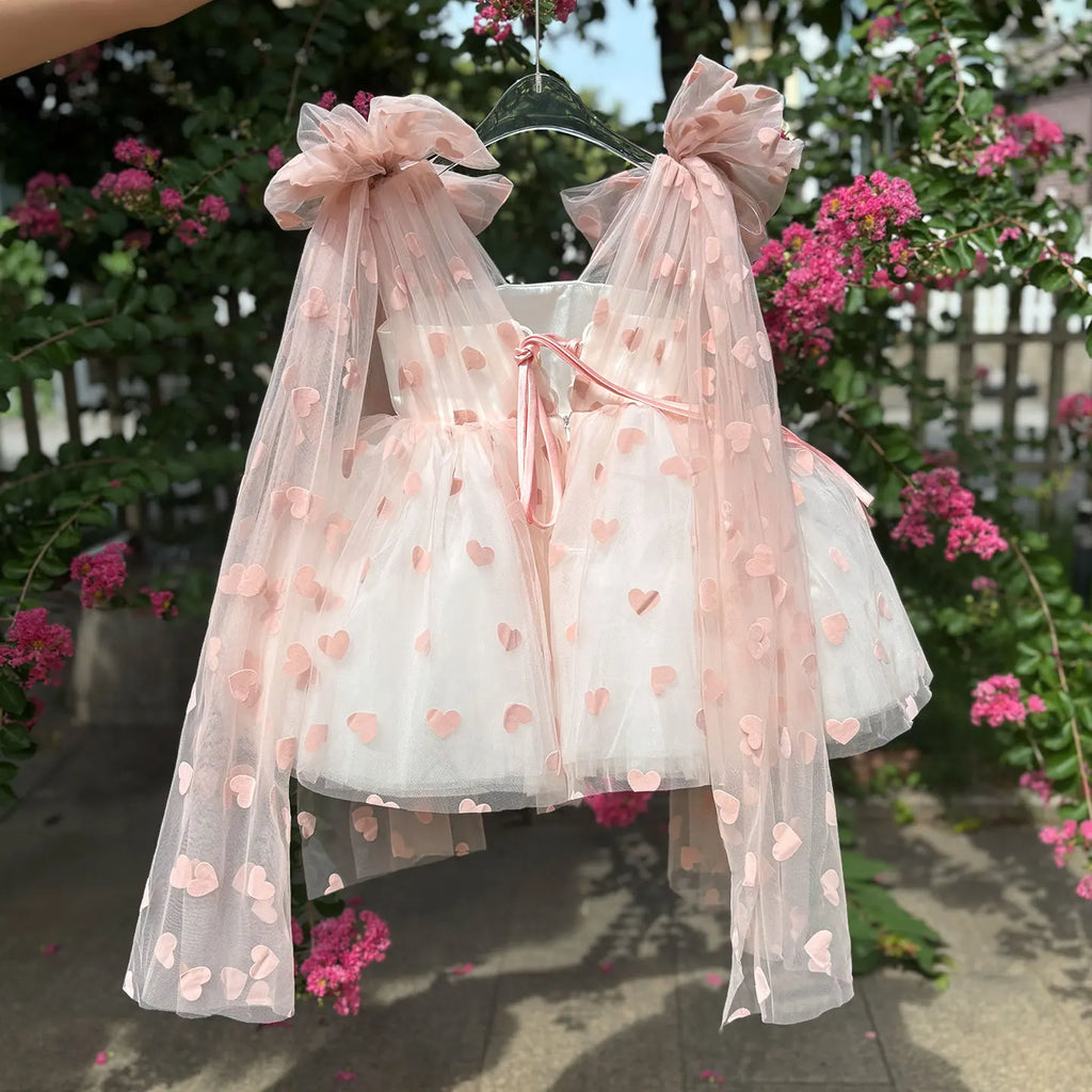 Dreamy Vow D059 Charming V-Neck Long Sleeves Bowed Heart Pattern Tulle Baby Flower Girl Dresses Wedding Evening Prom Ball Gown