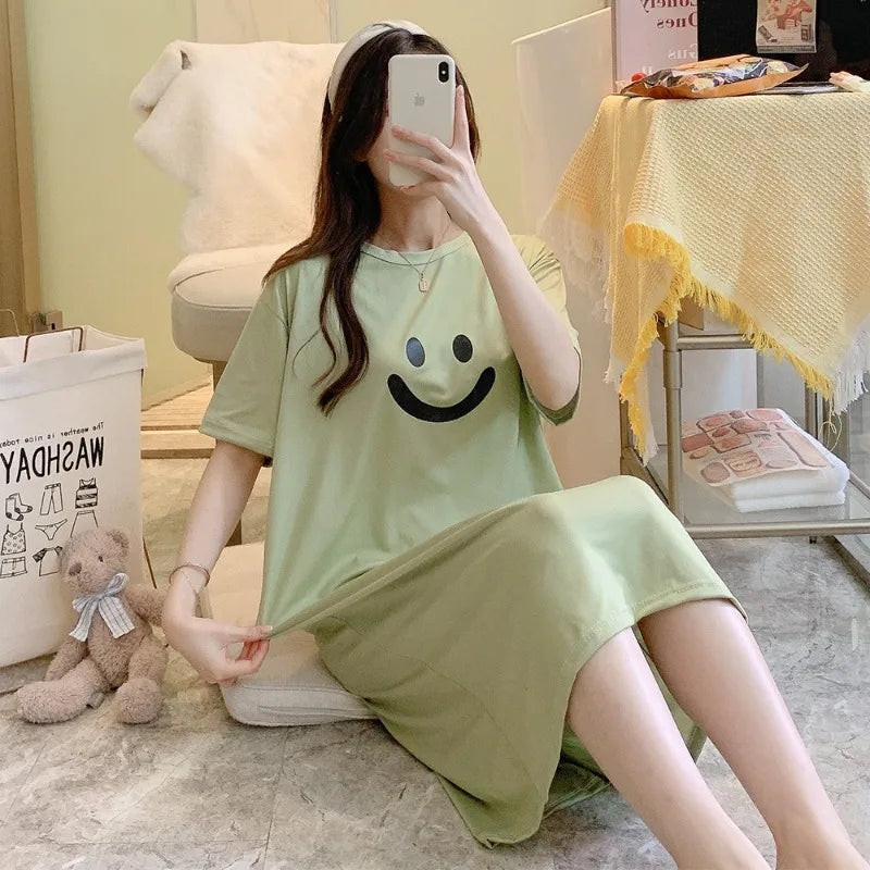 Summer Women Nightgown Lady Casual Short-sleeve Long Dress Loose Girl Loungewear Student Dress Outside Woman Casual Home Dress