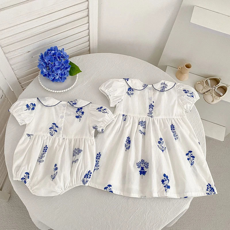 Summer New Style 2-6Y Girl Dress Korean Embroidered Short Sleeve Baby Clothes Children's Dress Girls Retro Sister Dress