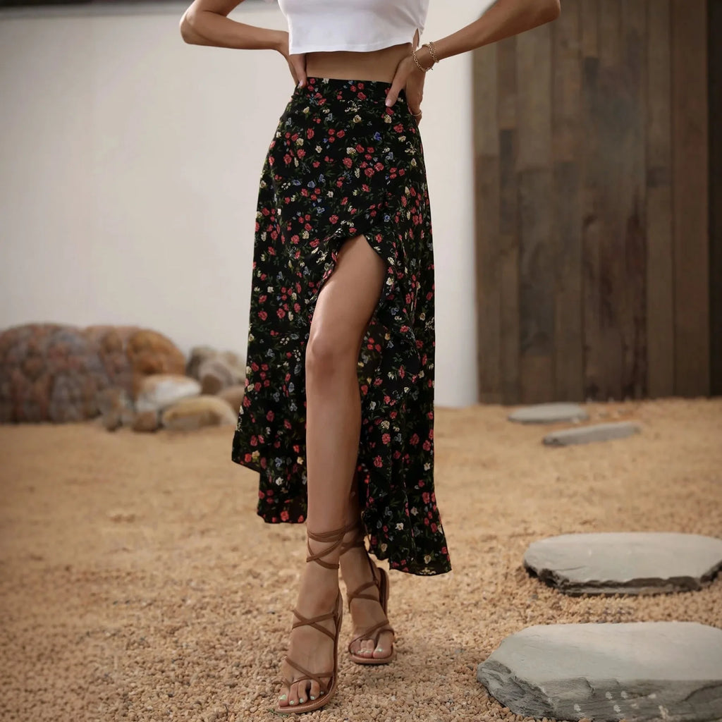 Ladies Floral High Waist Asymmetrical Hem Mid-Length Split Skirt Casual Holiday Fashion Spring Summer Polyester Fabric Elegan...