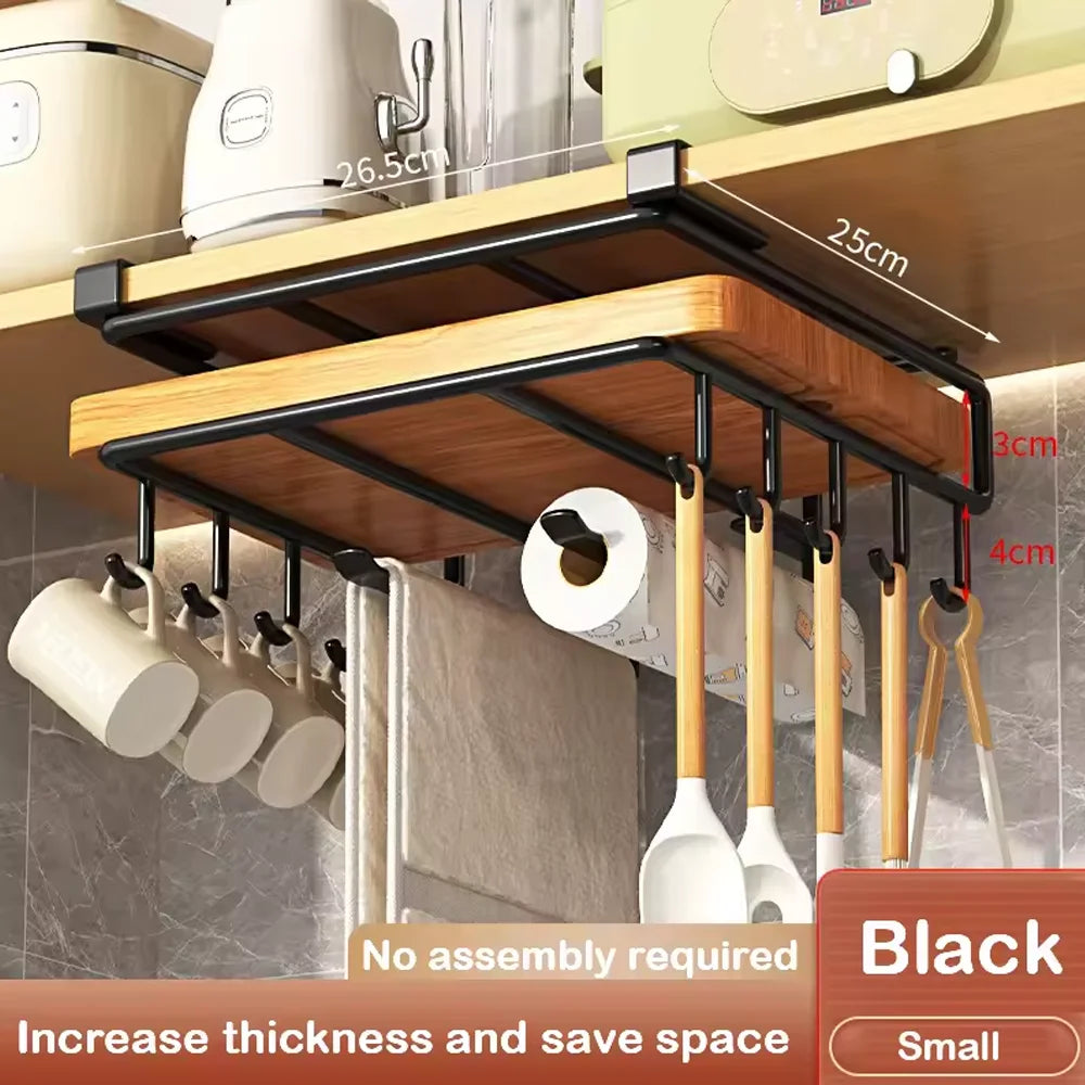 Organizador de cocina colgante con ganchos bajo el armario, soporte para toallas de papel y trapos, tabla de cortar, tapa de olla, estante de almacenamiento