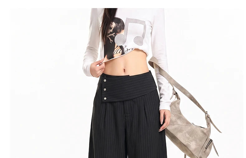Detachable Skirt Panel Striped Suit Pants Women Turn Up Cuff Tie Waist Straight Wide Leg Trousers Loose Casual Streetwear Pants