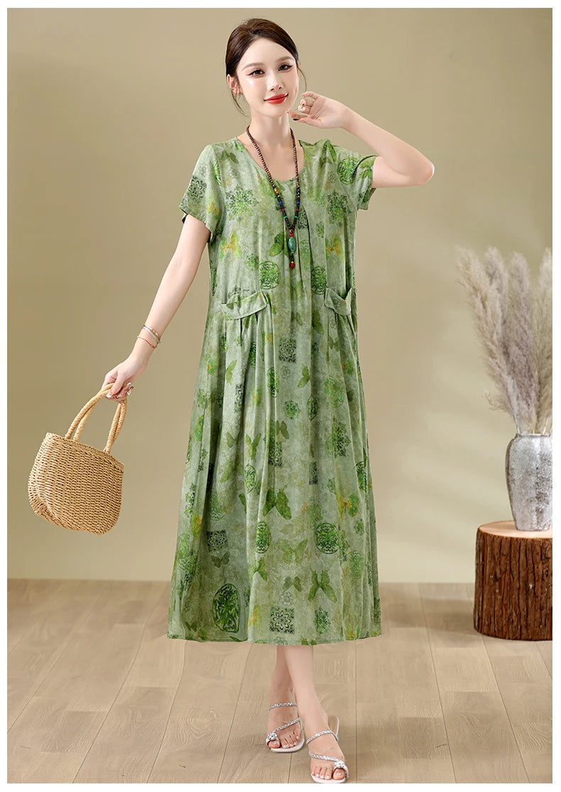 New Fashion Casual Summer Dresses For Women 2026 Loose Plus Size Clothes Elegant printting O-neck Short Sleeve Woman Clothing