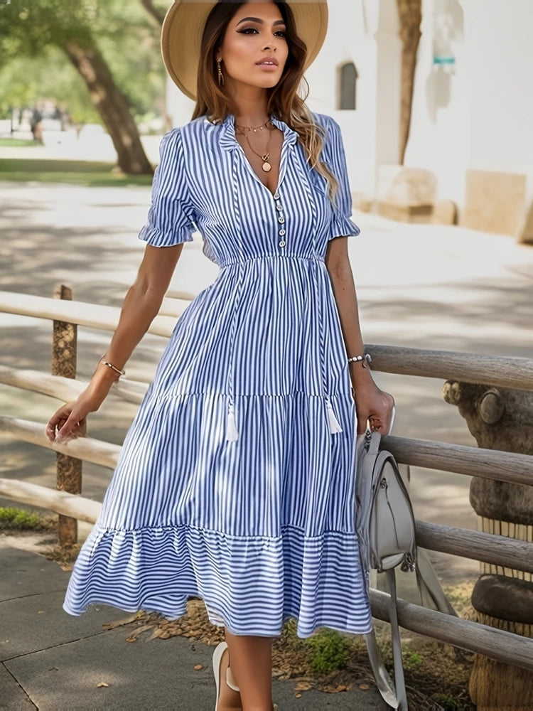 Bohemia Tassel Striped Ruffles Summer Dress Women Elegant V-neck Lantern Sleeve Midi Dress Female Holiday Sundress 2025 New