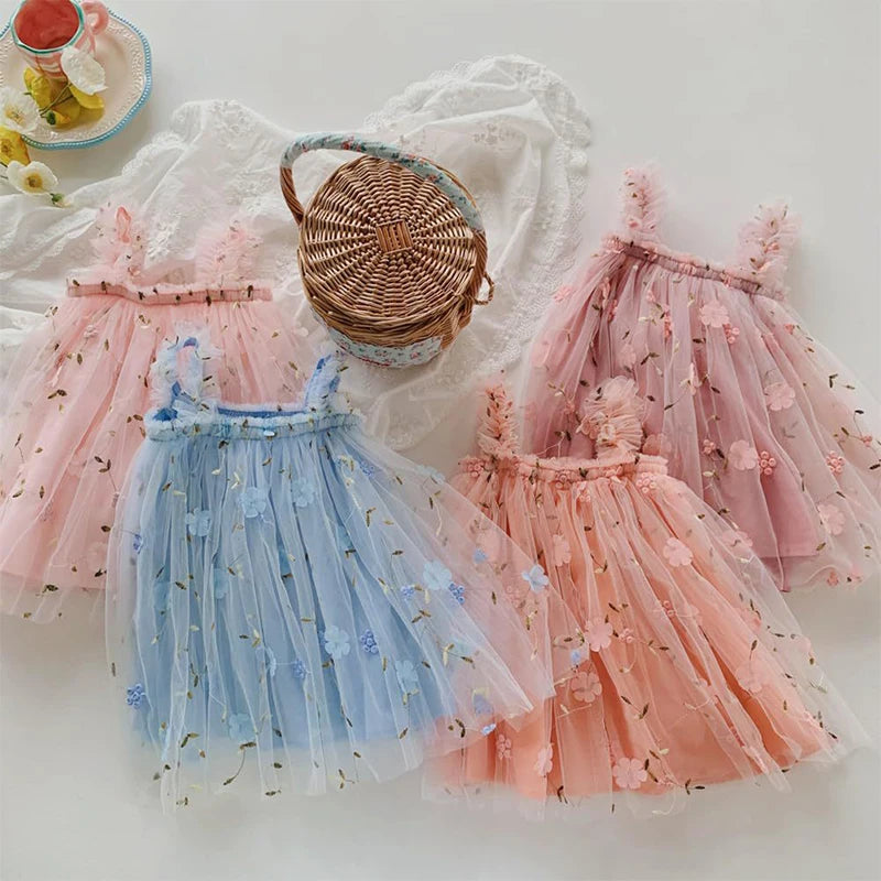 Toddler Baby Girl Princess Embroidery Strap Tutu Dress Sleeveless Flower Kid Mesh Vestido Party Birthday Baby Girl Beach Clothes
