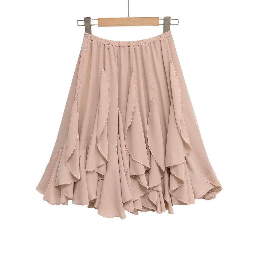 2026 Chic Women's Casual High Quality Knee-length Pink Layered Skirts Ladies Elegant A-line Tierred Ruffles Elastic Midi Skirt