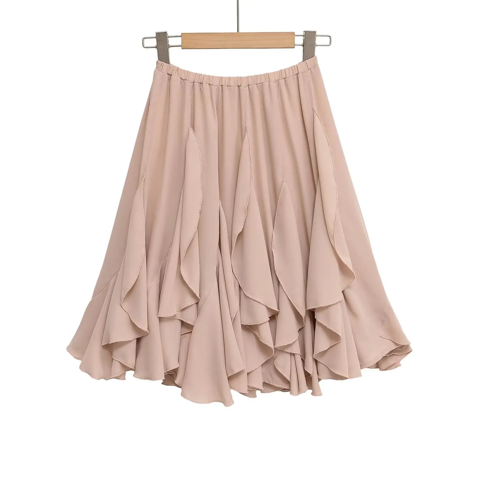 2026 Chic Women's Casual High Quality Knee-length Pink Layered Skirts Ladies Elegant A-line Tierred Ruffles Elastic Midi Skirt