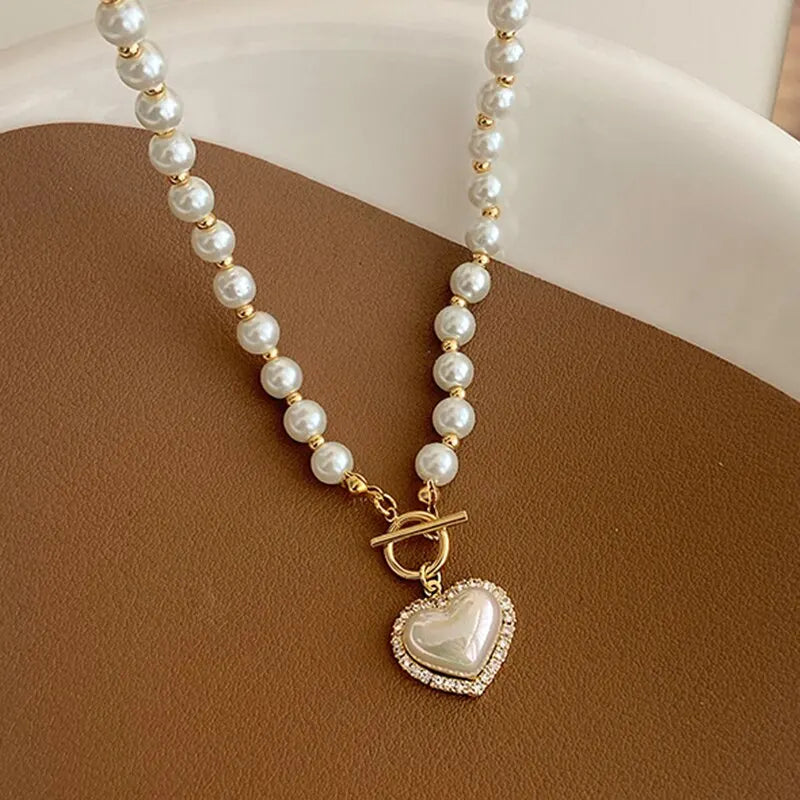 Elegant Pearl Necklace For Women'S Heart Pendant Necklaces Luxury Imitation Pearls Chain Necklaces Korean Jewelry Girls Gifts