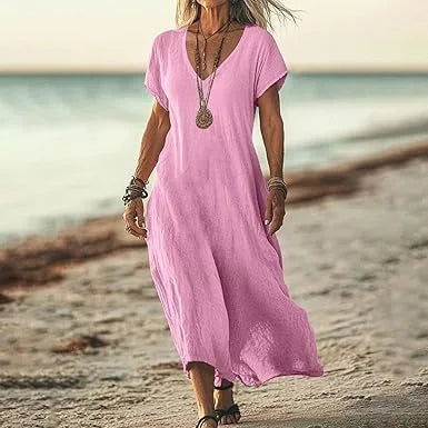 Independent Station Loose Solid Color V-neck Cotton and Linen Women's Dress