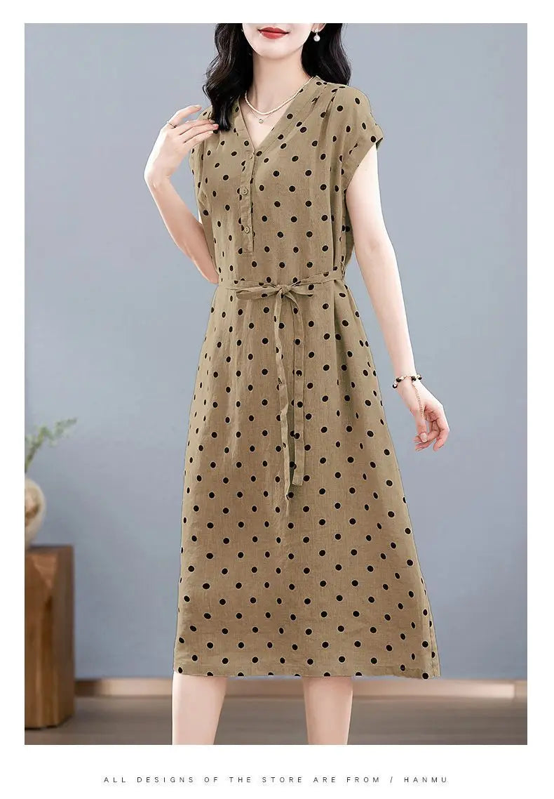 Cotton and Linen Dress French Polka Dot Print Fashion Long Skirt Summer New V-neck Casual Lace-up A-line Skirt