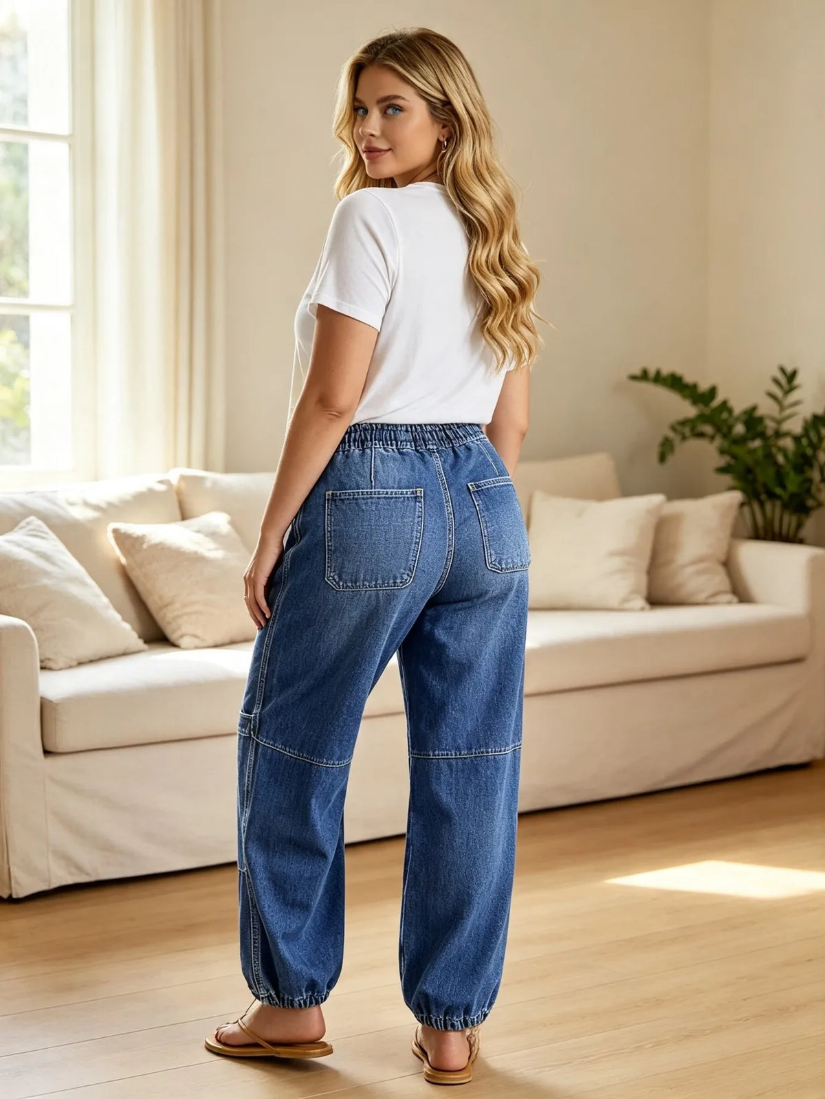 【HME】Jeans | Women Boho Drawstring Denim Pants, Elastic Waist Jogger Denim Jeans, Horizontal Stitch Panel Design, Medium Vintage Wash, Relaxed Baggy Pants For Vacation Daily Casual Wear