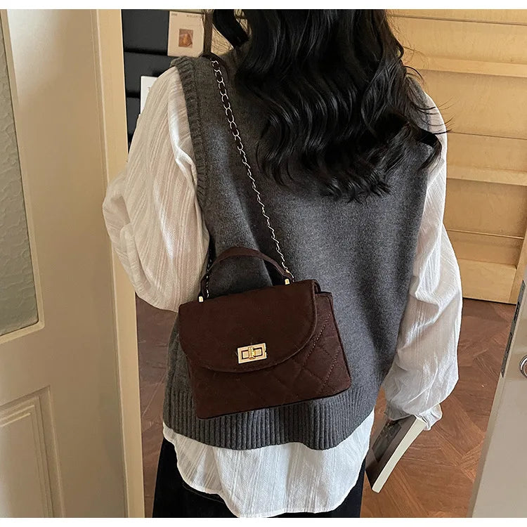 Diamond Grid Chain Crossbody Bag One Shoulder Purse Trendy Flip Top Clutch Women's Fashion Suede Leather Casual Shoulder Bag
