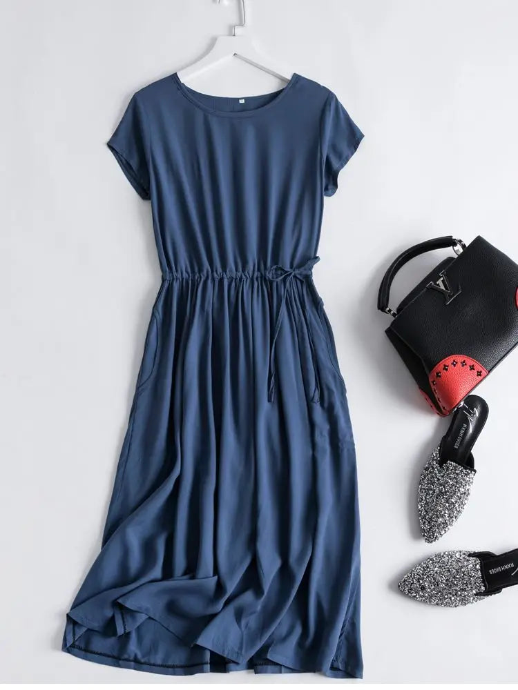 Cotton Silk Dress Women's Short Sleeved 2026 Summer New Ladies Slim Round Neck Temperament Beach Print Dresses