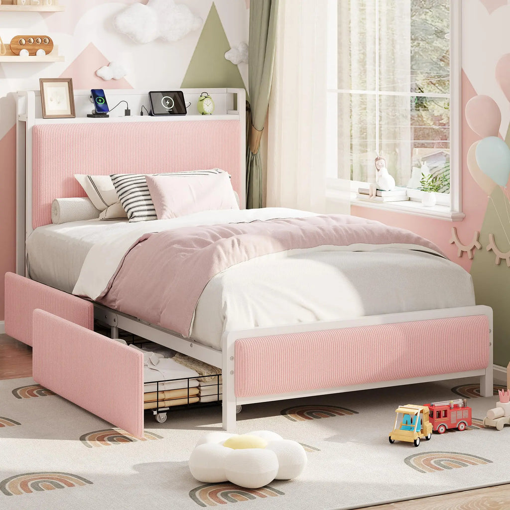 Twin/Twin XL Bed Frame With 2 Drawers, Charging Station, Corduroy Upholstered Shelf Headboard, Underbed Storage, No Box Spring