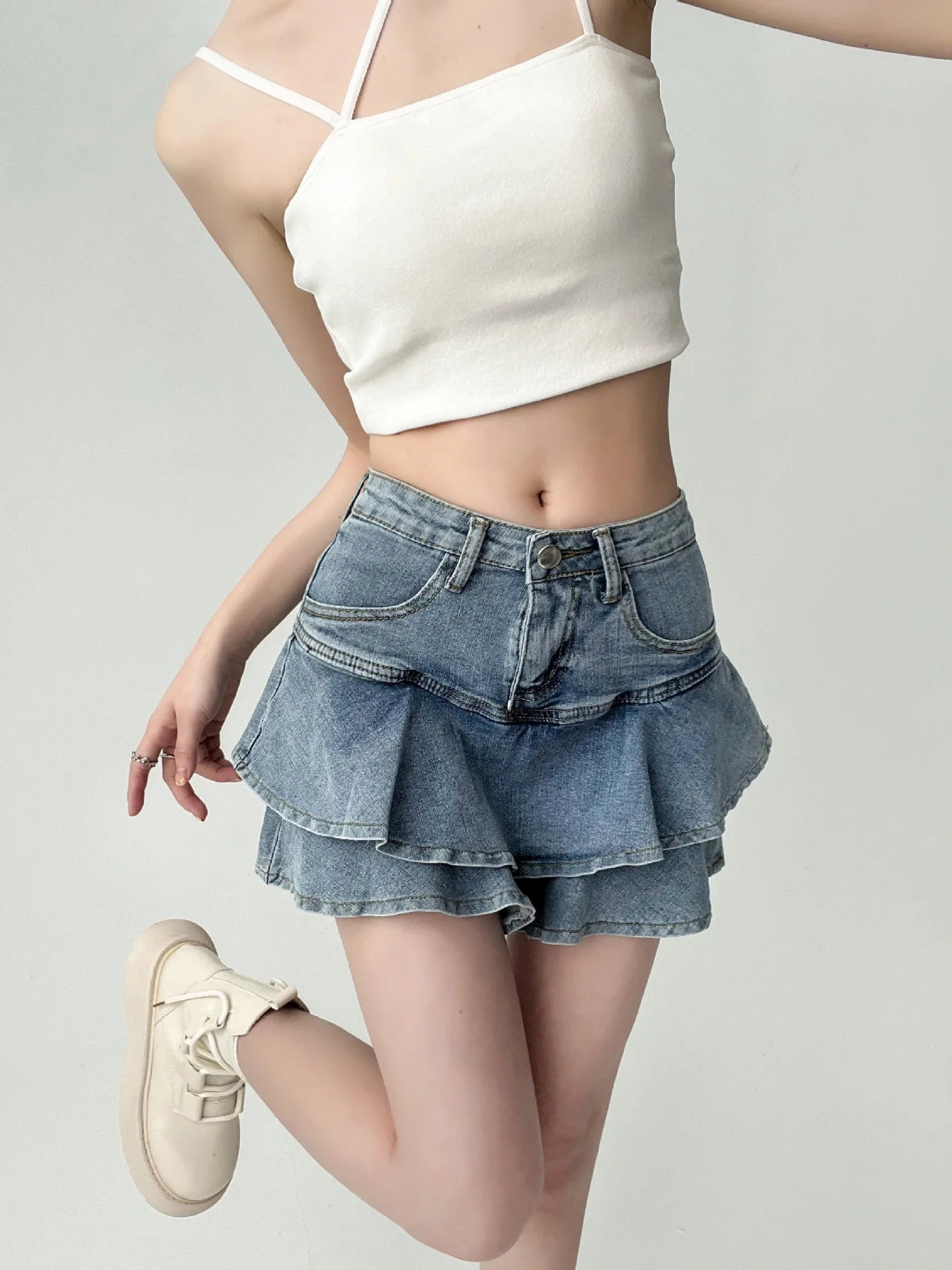 Summer Women High Waist Denim Cake Skirt A-Line Bodycon Mini Skort Casual E-Girl Street Skirt