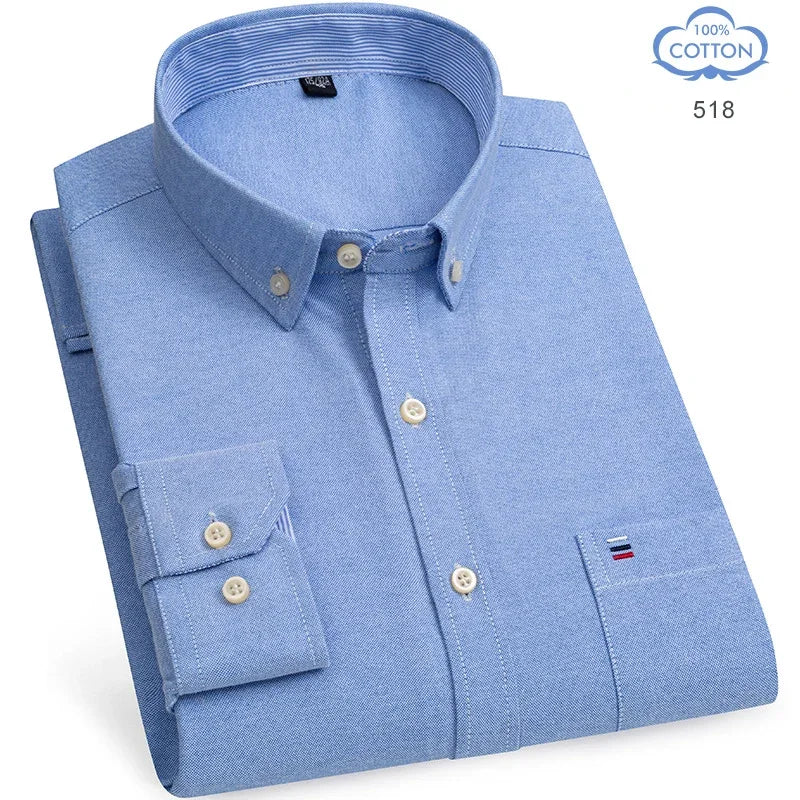 100 Percent Cotton Oxford Shirt For Men Long Sleeve Plaid Pattern Business Office Wear Smart Casual