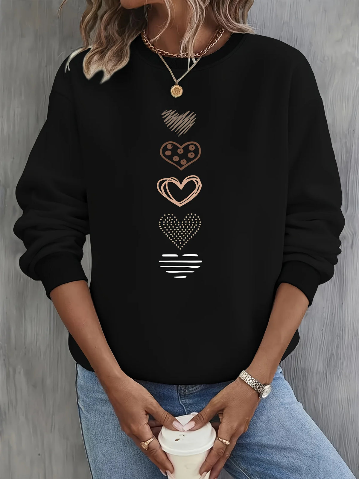 Women's Casual Heart Print Pullover Sweatshirt - Long Sleeve Knit