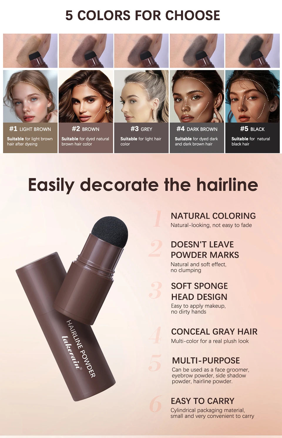 Hairline Shadow Powder Waterproof Sweat-proof Hairline Root Cover Up Filling Hair Natural Black Brown Eyebrows Contour Stick