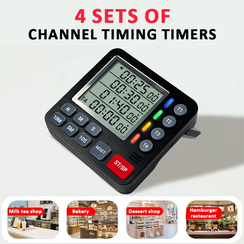 Magnetic Kitchen Timer 4 Channels Four Sets of Timing Large LCD Display Digital Cooking Countdown Timer Home Kitchen Accessories