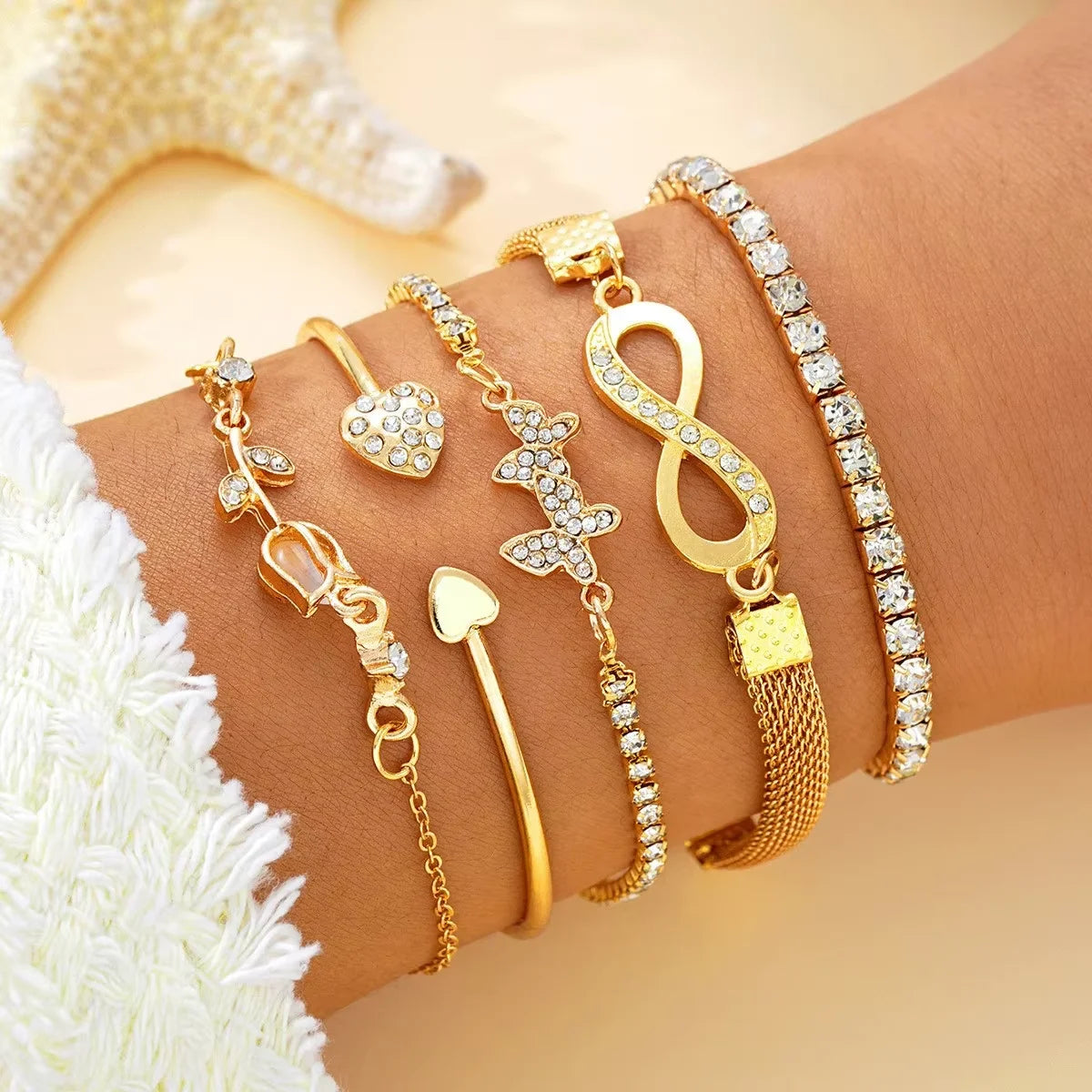 AY Rhinestone Charm Bracelet Set - Butterfly Heart Infinity Star