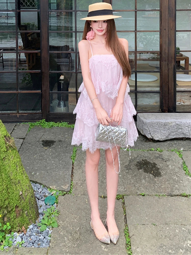 Sexy Splice Lace Heavyweight Strapless Vest Dress Loose Waist Spring Summer Autumn Sleeveless Backless City Commute Daily A-L...