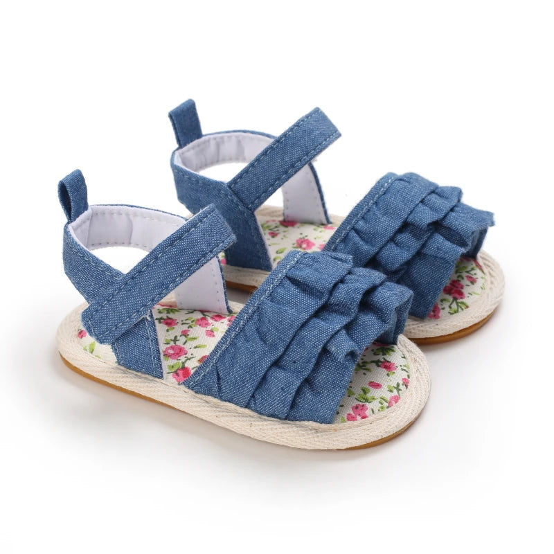 Baby Girls' Open-Toe Sandals - Blue Soft Rubber Sole, 0-18 Months
