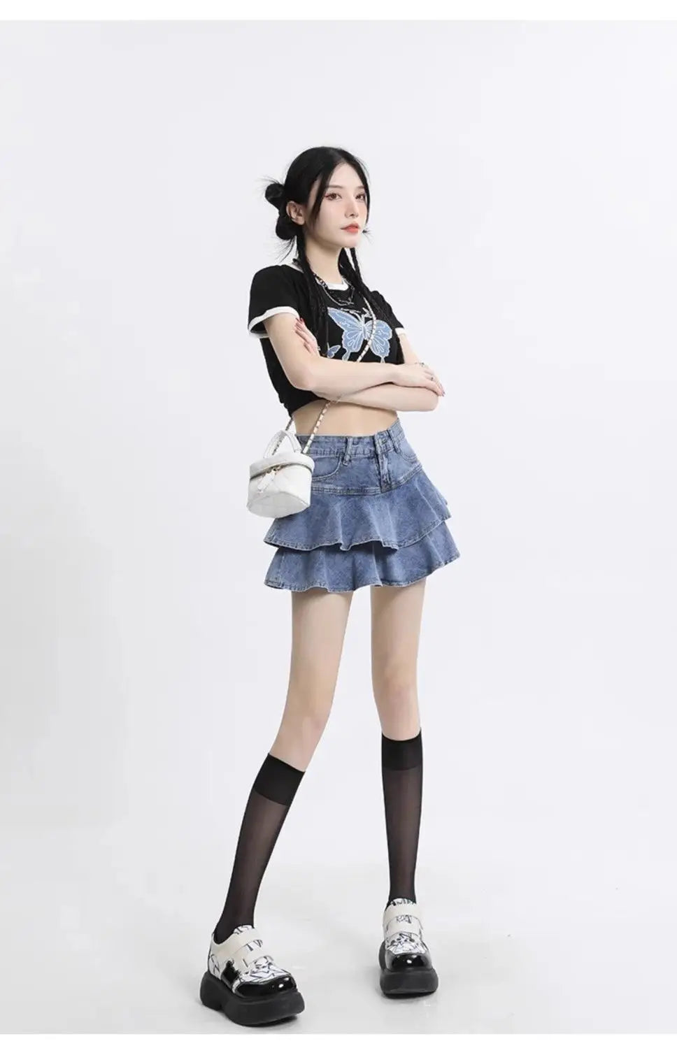 Women's Double Layer Ruffled Denim Mini Skirt With Heart Chain Decoration