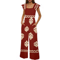 Womens Beach Vacation Tight Jumpsuits Boho Retro Print Cap Sleeve High Waist Wide Leg Romper With Casual Jumpsuits With Pockets