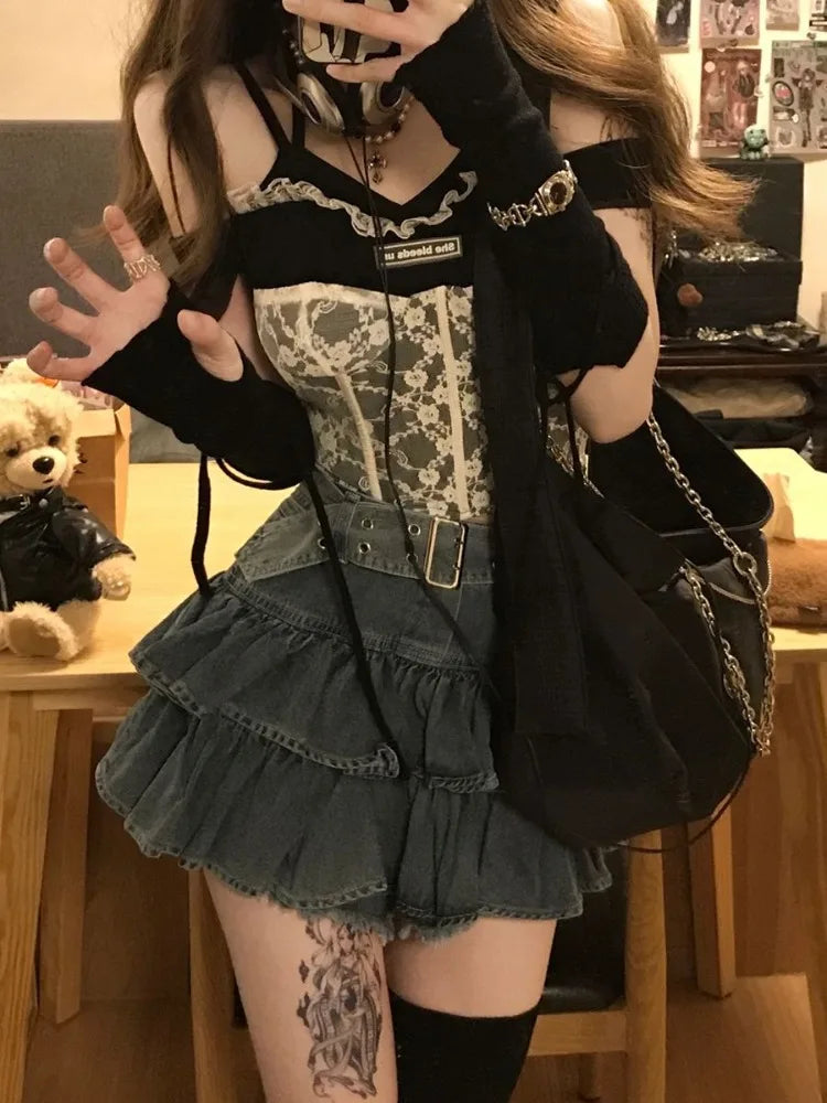 Streetwear Jean Skirt Women 2025 Faldas Mujer De Moda High Waist Vintage Saia Sweet Ruffles A-line Jupe Casual Y2k Mini Skirts