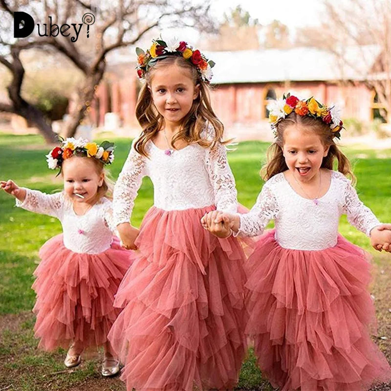 Princess Girls Festival Dress for 6m To 13 Years Old Elegant Flower Girl Vacation Layered Dress Lace Backless Evening Dresses