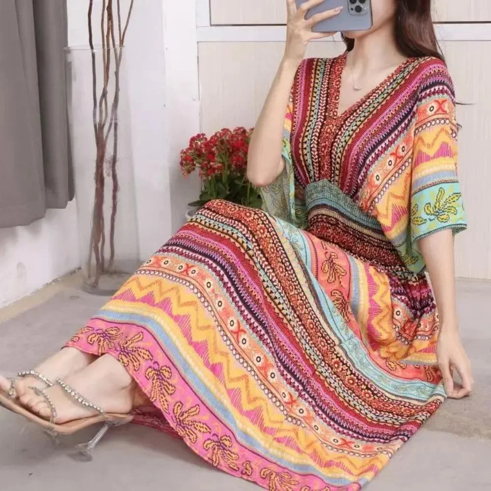 Summer New Casual Elegant Retro Bohemian Style V-neck Elastic Waist Large Swing Printed Long Skirt Autumn Summer Dress