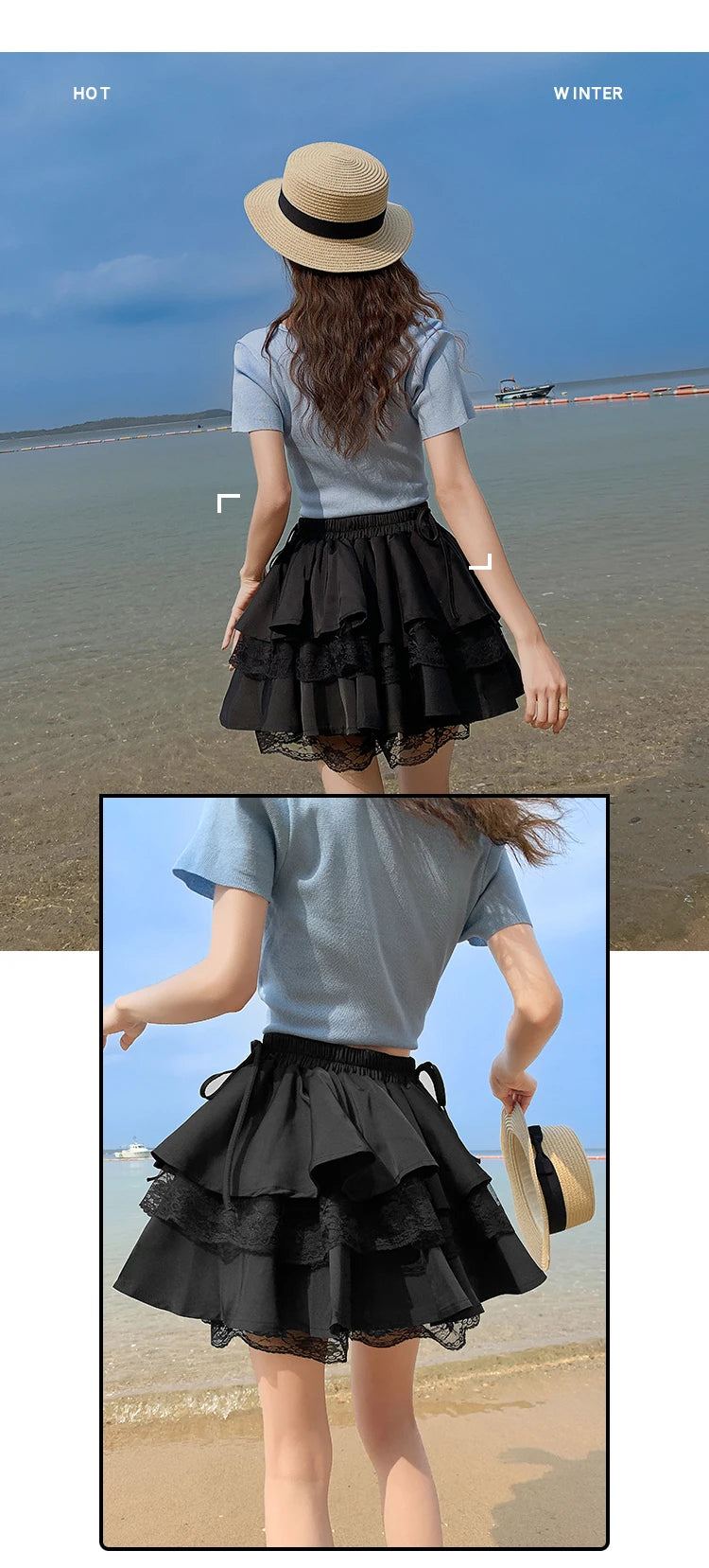 Black Patchwork Lace Short Women Cake Skirt With Lace Up High Waist Preppy Style Cute Ball Gown Kawaii Skirts Girls