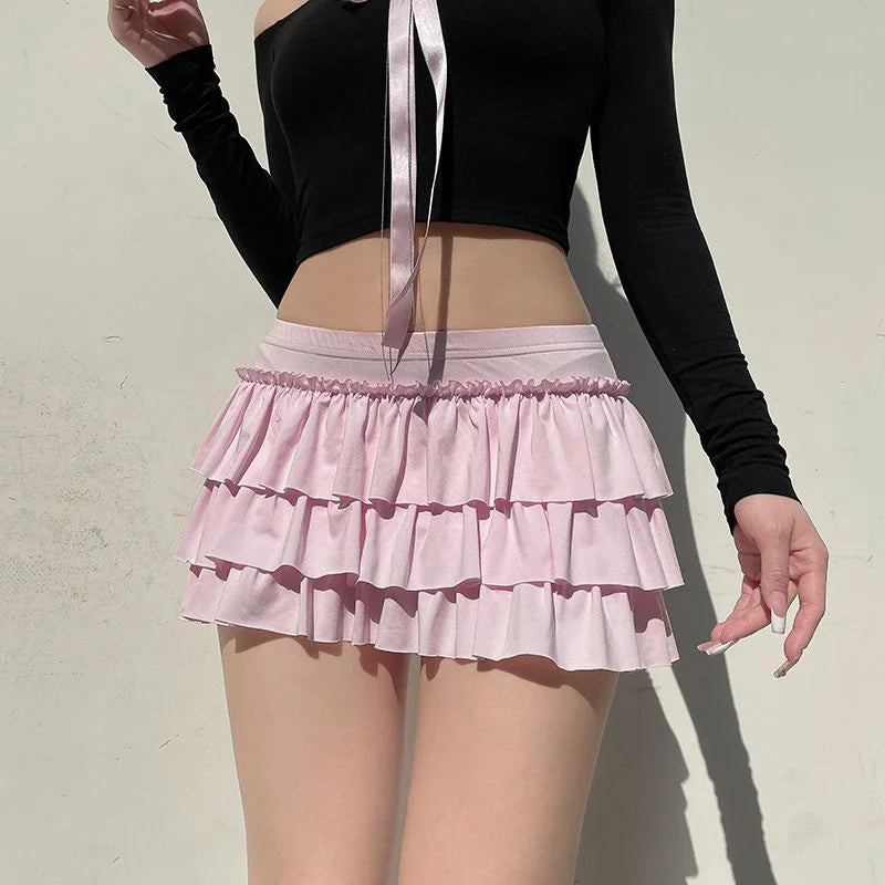 Pink Ruffled Mini Skirt Women Fashion Sexy Bow Pleated Skirt Casual Layered Sweet Preppy Style Summer Hot Skirt.