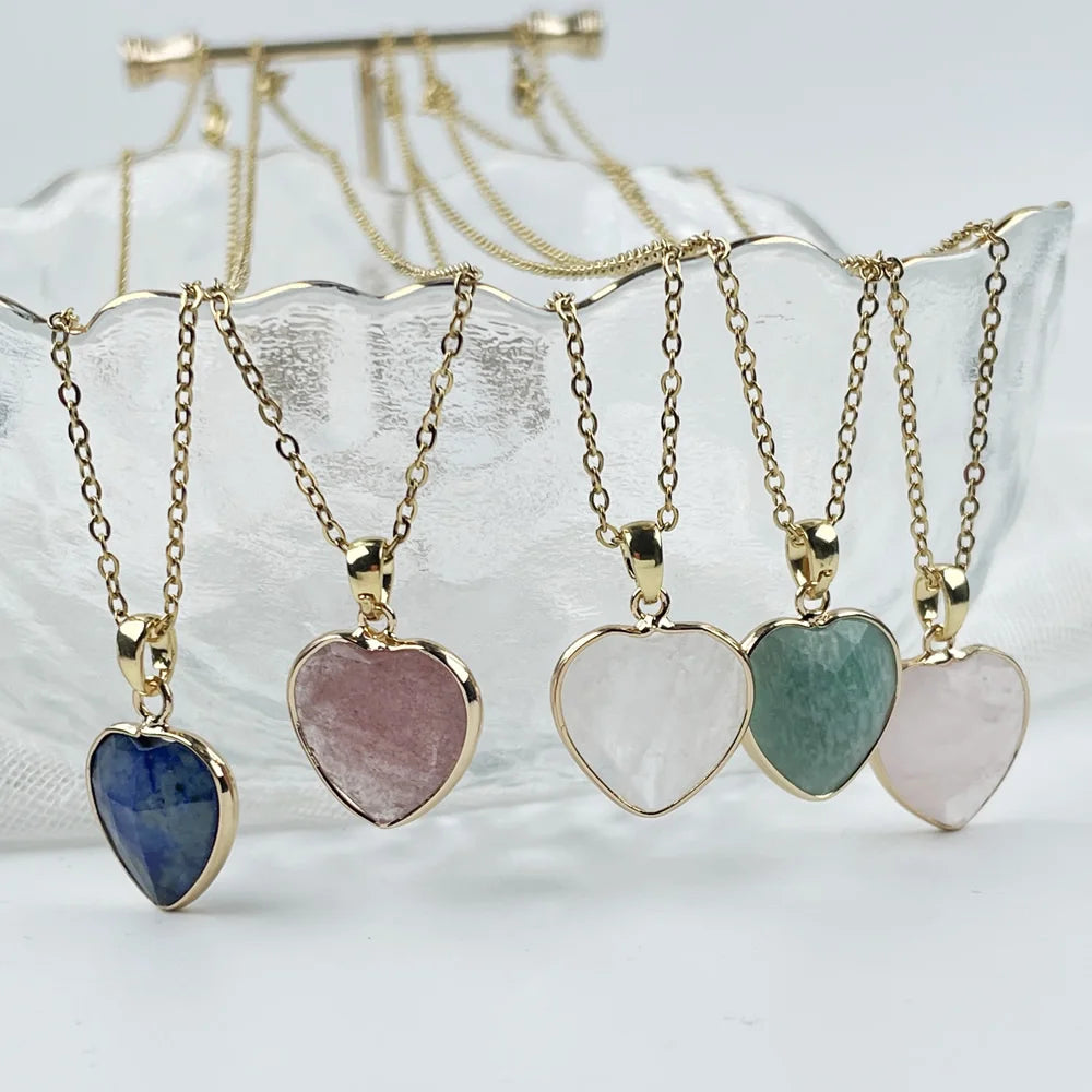 Natural Crystal Stone Heart Shaped Pendant Necklace For Women'S Stainless Steel Chain Strawberry Quartz Pendulum Choker Jewelry