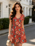 Womens V Neck Floral Print Short Sleeve Swing Dress Casual Flowy Summer Mini Dress for Everyday Style Travel Holidays and Events