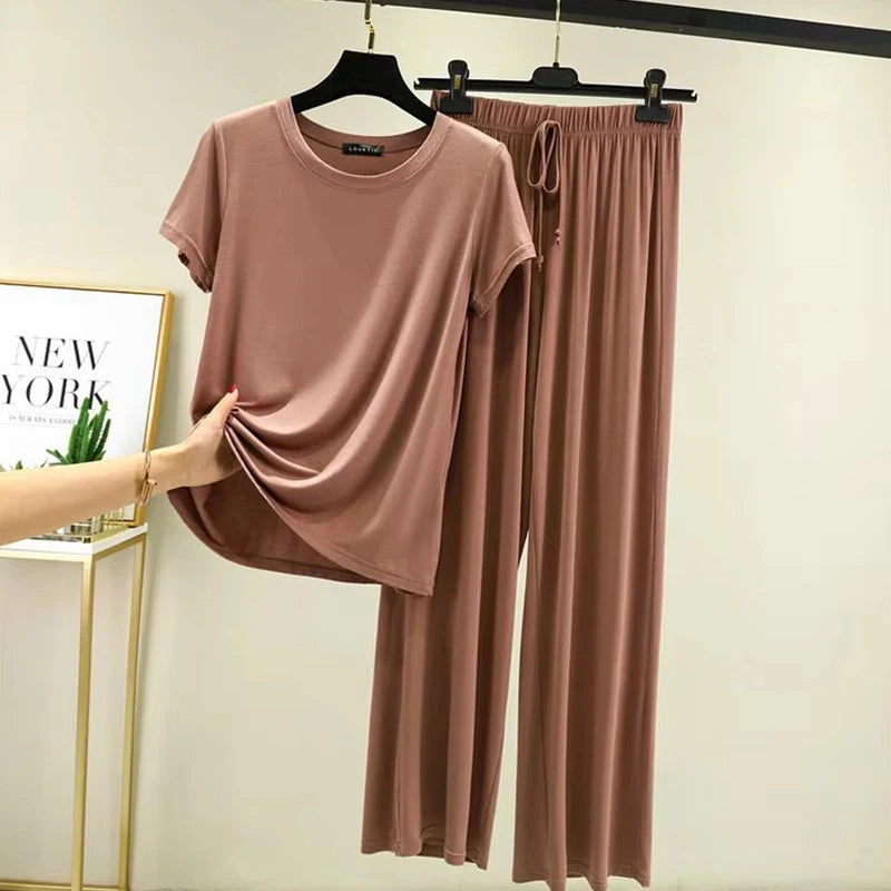Women's Modal Pajama Set - Wide Leg Pants Casual Lounge Wear