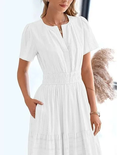 Summer Solid Color V-neck Tight Waist Dress French Style Elegant Pleated Large Swing Long Dress Casual Vacation Style Slimming M