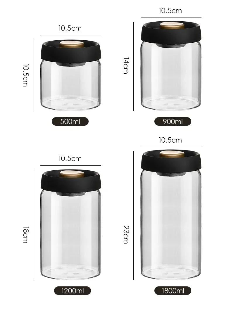 Multi Capacity Black Lid Coffee Pot Manual Vacuum Moisture-proof Storage Pot Kitchen Glass Teapot Coffee Bean Storage Sealed Jar