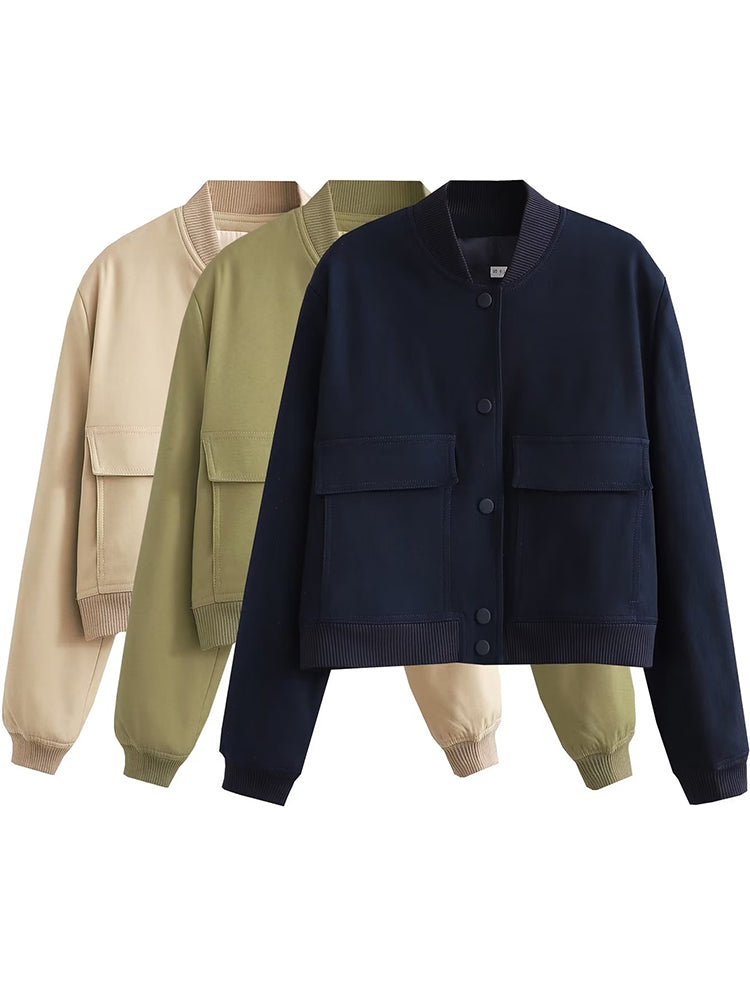Women's Vintage V-Neck Bomber Jacket with Pockets