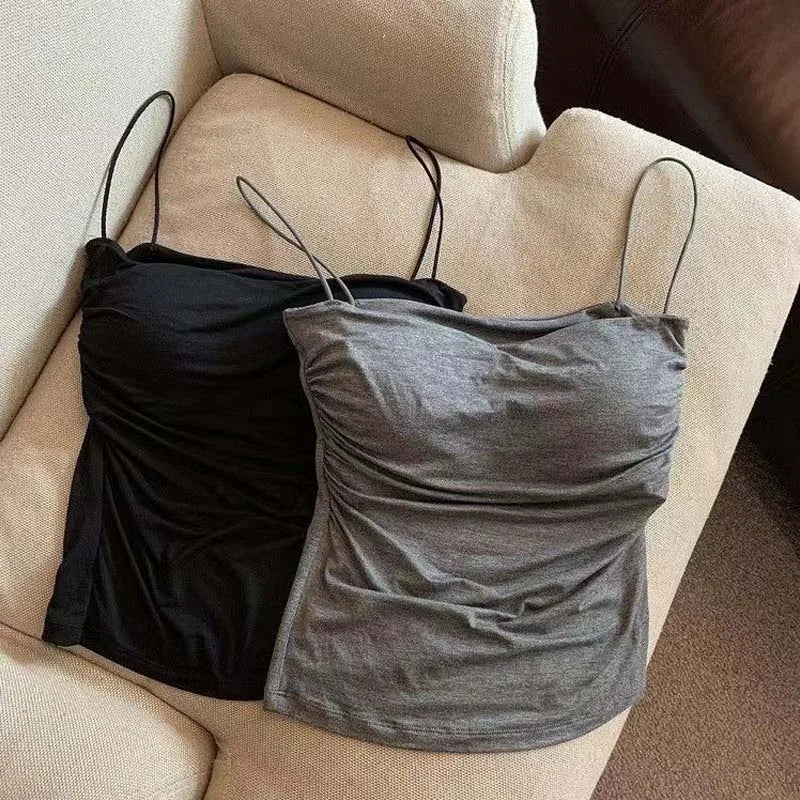 Built In Bra Camisole Tank Top For Women With Medium Stretch Cropped Sleeveless Vest